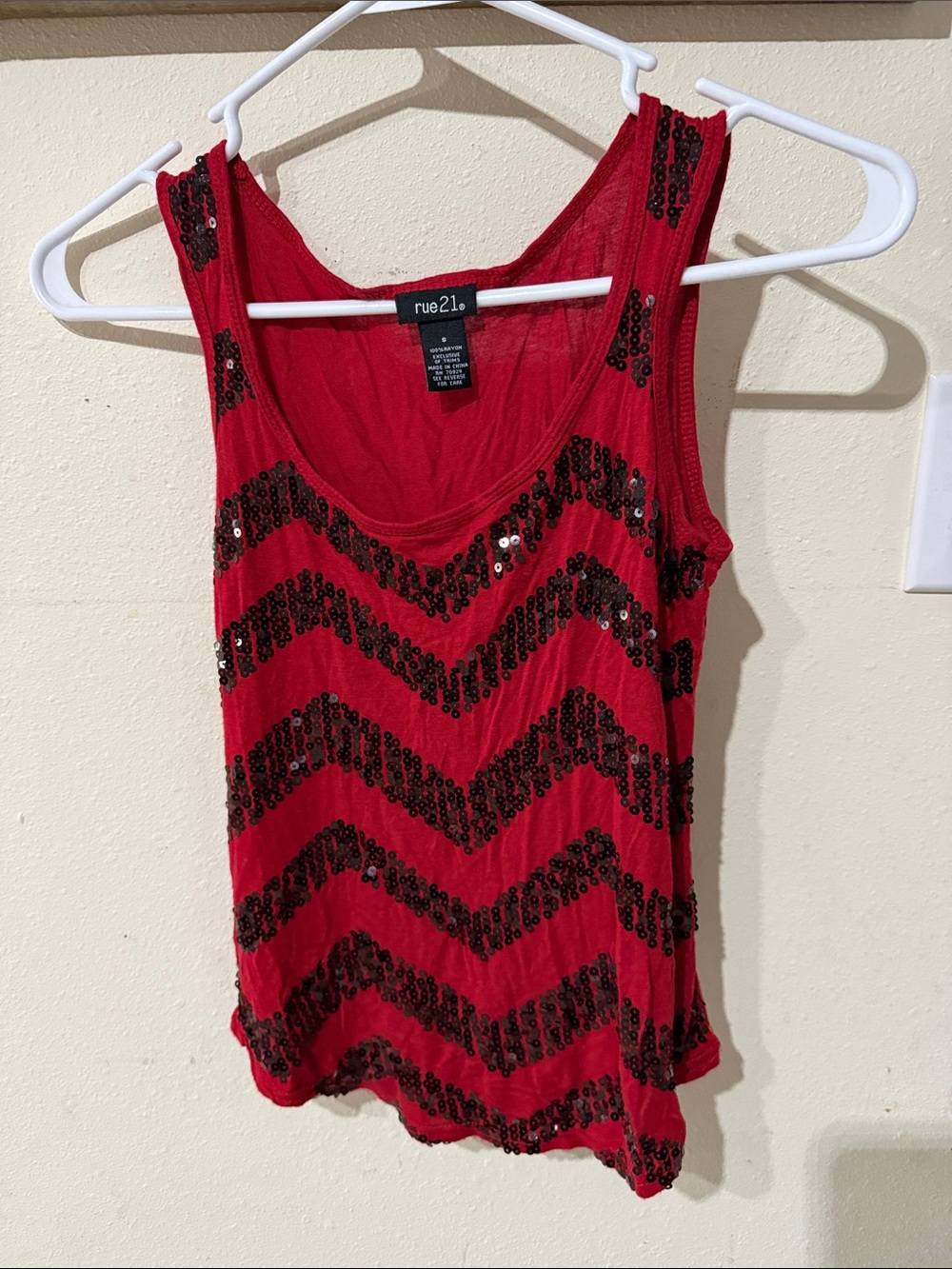 Rue21 Red Tank Top with Black Sequin Chevron Stripes